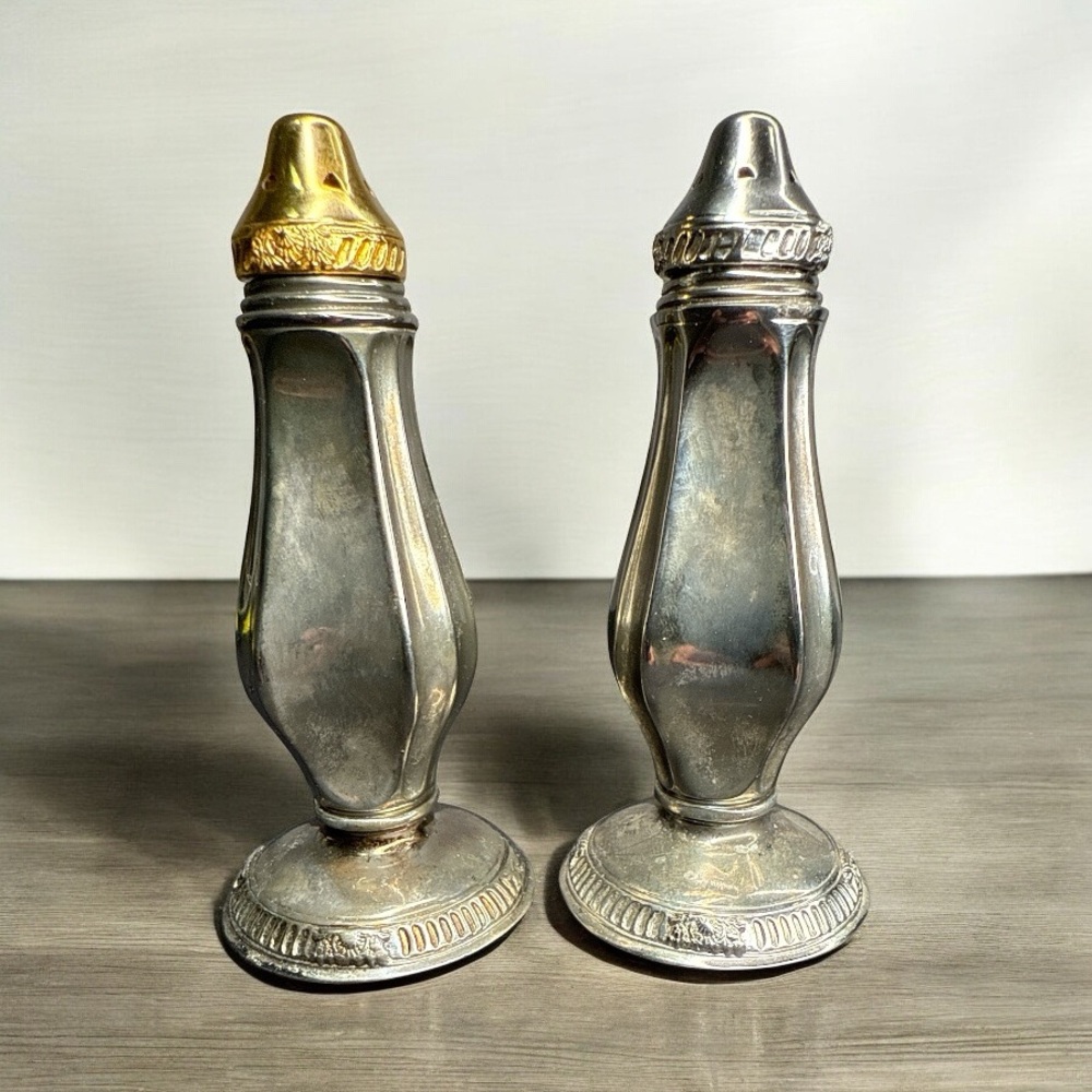 VINTAGE SILVER-PLATED SALT & PEPPER SHAKER SET (WEIGHTED, 6” TALL) 4 3/4''
